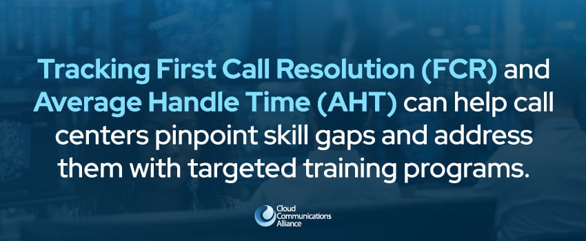Tracking First Call Resolution (FCR) and Average Handle Time (AHT) can help call centers pinpoint skill gaps and address them with targeted training programs.